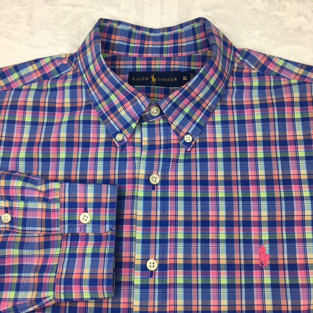 Ralph Lauren Shirt Mens XL Multicolor Plaid Pink Pony Logo